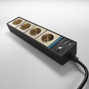 WL20-04-03 / Розеточный блок 4-х местный + 3 USB черный/шампань рифленый